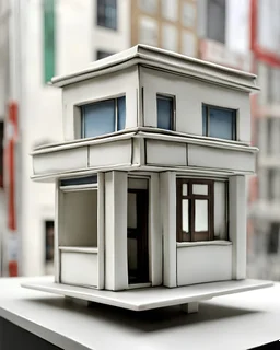 Sophisticated brutalist porcelain miniature sculpture of vacant and empty street commercial walk-in kiosk on legs, circa 2000, in a contemporary urban art gallery context, 7 x 17 cm, silver ratio proportions, semi-height wide shop windows and door, small square window for cash in facade, flat roof, one-story, one-room. Inspired by Bruno Munari, Benetton, gestalt theory, geometry of Castel del Monte, metamodernism.
