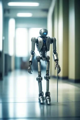 aging robot looking old, walking down hospital corridor using crutches, zeiss prime lens, bokeh like f/0.8, tilt-shift lens 8k, high detail, smooth render, down-light, unreal engine, prize winning