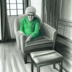 Old woman in a living room with armchair and fancy stools. green color pencil draft