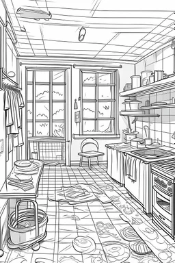 Outline art, house design, laundry room, no shading, no lines, cartoon style, --ar 9:11