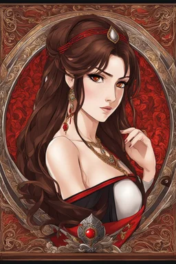 woman with long brown hair and red eyes, medieval concubine, anime style, highly detailed, intricate background, red and black clothes, confident, arrogant