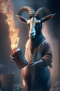 Thug goat holding Molotov, dramatic lighting, matte painting, highly detailed, cgsociety, hyperrealistic, --no dof, --ar 2:1