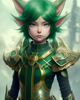 Detailed anime child elf girl, green hair, black and green dragon scale armour, intricate details, full body portrait, keep head in frame, slight smile, black Japanese motif, concept art, highly detailed, digital painting, concept art, sharp focus, illustration, art by Yoji Shinkawa, WLOP and greg rutkowski and alphonse mucha and artgerm and yanjun Chen and Junji ito and Makoto Shinkai, HDR, octane render