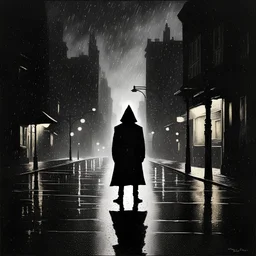 Pointillism noir painting, uncentered, Single streetlight casting a triangular cone of light on deserted rainy city street, single mysterious hooded figure silhouette, "Sin City" movie aesthetic, dark Noir, reminiscent of Frank Miller comix, arty composition, opulent shadows