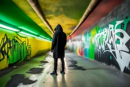 cyberpunk young man siluette in a black hood painted on concrete wall of underpass a young cyberpunk hacker paints a complicated colorful / uppercase all-white graffiti text in text: "WINTERMUTE"; street art, graffiti green-yellow-black triotone, wall painted matte black and yellow and deep red, semi-front view, low angle, daylight, cinematic, dramatic