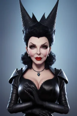 Joan Collins as evil queen in black leather, leather, busty, cleavage, angry, stern look. character design by cory loftis, fenghua zhong, ryohei hase, ismail inceoglu and ruan jia. unreal engine 5, artistic lighting, highly detailed, photorealistic, fantasy