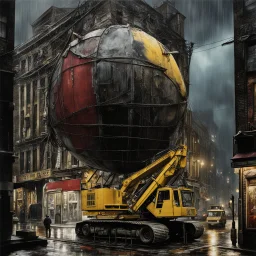 Large Wrecking ball crane demolishing a building in a busy narrow city street, nighttime in a windy rainstorm, by Joel Peter Witkin, photorealism, dramatic, kinetic, eerie dark primary colors, intricate complex detail.