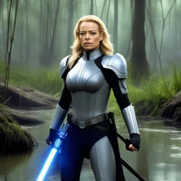 Jeri Ryan as Seven of Nine (born Annika Hansen) is a grey Jedi in fury with her lightsaber in the middle of the battlefield in a swamp during Order 51