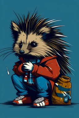a game studio logo of a "Jobless Porcupine" wearing clothes as if he was homeless 2 colors