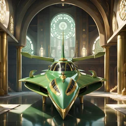 stunning hyper-realistic render of a sleek and elegant Naboo staryacht in pearlescent gasoline green with gold trim sitting in ancient jedi temple hangar, fully symmetric details