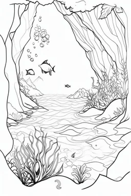 outline art for Color the sea creatures and plants, leaving the water and cave entrance white coloring pages with sitch, white background, Sketch style, full body, only use outline, clean line art, white background, no shadows and clear and well outlined.