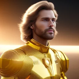 beautiful cosmic golden male, long hair, nice smiling, delicate colors, beautiful glamour galactic golden dress, ultra sharp focus, 8k, unreal engine 5, extremely sharp detail, light effect, soft light atmosphere of a spaceship, smooth, full of details, face in front, complete vision of face and body