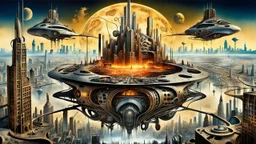 a stunningly weird image of a futuristic twin metropolis using Salvador Dali's paranoiac-critical method, where buildings and structures appear to melt into the skyline cityscape is filled with floating mad, twisted sharp metal shapes that interact with the buildings and each other, with forming a surreal tableau of a dreamlike reality with moving ways. neu-steampunk vibe, essence of the scene in a cinematic manner, with that enhance the distorted perspectives and bizarre, futuristic surreal