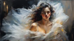 Portrait of a Man and a Stunningly Beautiful Woman Made of Tulle, Detailed Fabric Painting, Candlelight Insanely detailed painting by Pino Daeni, Jeremy Mann, Carne_Griffiths, Vadim Kashin, James Gurney, texture, 16k resolution, fine art, natural light, beautiful