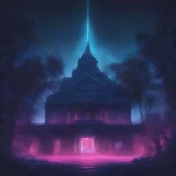 synthwave pic , with a blue night with stars over a palace in a forest