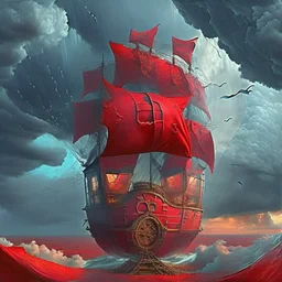 Add more windows to the ship. Keep the ship. change the sky to a decadent red, storm clouds.