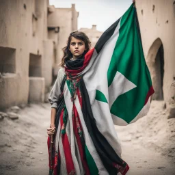 A very beautiful girl carrying a large Palestinian flag in her hands and waving it while wearing a keffiyeh and an embroidered Palestinian dress.