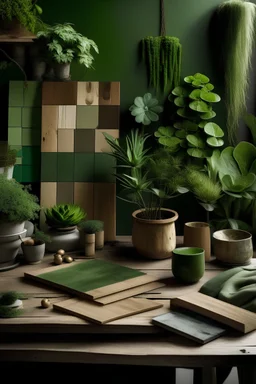 moodboard mit pflanzen, holz, alu und grüne farbe