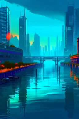 a large river in a modern city world, large buildings, cyberpunk style