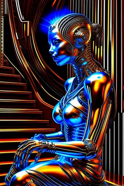 chrome chat robot cat woman smiling online in the style of escher and giger, spray paint, photo realism, trending on art station, 8k, depth of field, down light, light rays, volumetric, reflective spiral staircase, blue, brown and orange