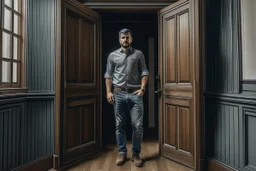 man in jeans and a shirt standing in a room of doors