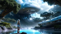 futuristic floating island suspended in the air, cities, fantasy, A woman with blond hair in a robotic silver catsuit, standing on the right of a partially submerged sleek crashed spaceship, on an alien beach, with towering alien trees, high details