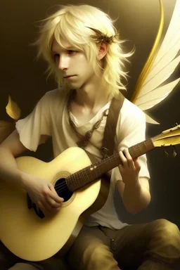 fee, männlich, libellenartige Flügel, hellblondes, fast weißes, unordentliches Haar, Laute spielend, lange spitze Ohren, goldene Augen, realistisch, kindliches aussehen