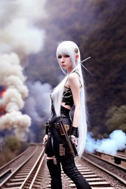 close-up gothic anime girl, white hair, tight outfit with gun on thigh, standing on a train track, smoke and fire surroundings, she is dull and dark, looks determined , train approaching behind her,