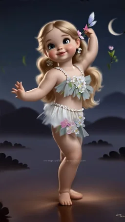 cartonish child babay,standing in country side with flowers,trees.