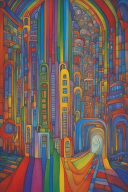 each human has a unique color frequency in the rainbow spectrum that needs to assimilate into the beam of white light to exit from the prism; neo-surrealism; Hundertwasser