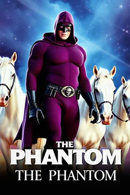 Movie Poster - ((("THE PHANTOM"))), extremely thick, muscular, 6'6'' 18-year-old Billy Zane with extremely exaggerated muscles as the Phantom, long-sleeved, textured, padded purple cotton bodysuit with skintight, formfitting textured purple cotton cowl with ((black eye mask)) and widow peak, black gloves and wrist gauntlets, black boots, double holstered utility belt, skull-shaped belt buckle, glowing, white eyes, standing next to his white horses, captured in a breath-taking explosion of color,