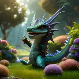 pixar style, volumetric summer garden environment and background, realistic painting of baby dragon, looking excited, volumetric lighting, dramatic lighting, detailed digital painting, extreme dense and fine fur, anime, ornate, colour-washed colors, elegant, small minutiae, tiny features, particulars, centered, smooth, sharp focus, renderman gofur render, 8k, uhd, detailed eyes, realistic shaded volumetric lighting, sunlight caustics, backlight, centered camera view