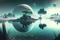 Alien landscape with grey exoplanet in the sky, Lagoon reflection, vegetation, sci-fi, concept art, movie poster