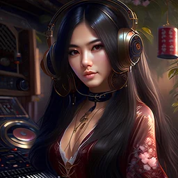 pretty face asia girl, dark long hair, wearing headphone, fantasy long blouse, playing turntables, sexy, full body, happy, enjoying, music, party, unreal engine, hyper realistic, detailed art, 8K resolution, cinematic lighting,