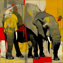 Deconstructed elephants, by Graham Sutherland and VS Gaitonde, abstract image, fragmented, gnashing nostalgia, yellow and black and gray and red color scheme,