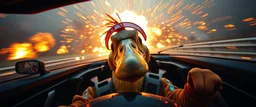 weird perspective race car driver close up portrait of dj platypus duck pilot looking down on cam, with background in the style of escher and giger, a chill contrapunctus fugue in the style of fsol, beethoven, goa trance breaks, dancefloor drum and bass, burning cars, fire and explosions