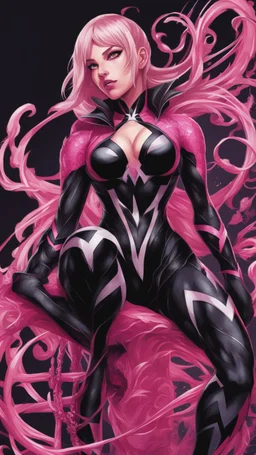 A close picture to Mix between gwenpool and symbiote, symbiote venom in background, pink and black custom, intricate details, highly detailedin in solo leveling shadow art style