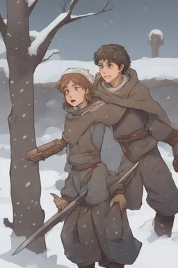 DnD style, two medieval peasant kids playing in the snow, female age 14 and male age 15, happy and playful, he has a short sword.