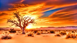 A majestic Arafed tree stands tall amidst the expanse of the New Mexican desert. The sun sets in the vibrant, high dynamic range sky. The artwork, created by Fred A. Precht, captures the natural beauty of the barren landscape, with sand dunes and a hint of a desert oasis in the background.
