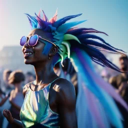 Ultra Realistic photo, medium shot view, drunken dancer woman, carnival scene, monster hair, steampunk. Blue hair, confeti, Sunglasses, smile, happy, festival, gradient color fog. highly detailed, concept art, unreal engine 5, ray tracing, RTX, lumen lighting, ultra detail, volumetric lighting, 3d, finely drawn, high definition, high resolution.