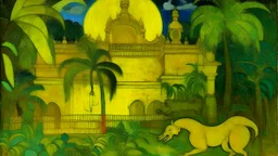 A yellow palace with glowing light dragons painted by Paul Gauguin