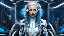 stands An android-mutant woman with long white-blue swirlings hair, a biomechanical mutant with sky-blue eyes, white shiny robot body with some blue led, she name the AI-Medusa. The woman with like snakes of hair, the wirling with blue-white hair, she stands in the futuristic office, stunning, mystic and sci-fi mix creature, high detalied, sharp focus, perfect beauty, professional photo