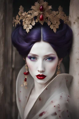 a woman's white porcelain face marked with delicate cracks, she has blue eye's, red lips, purple hair