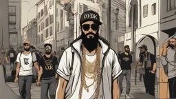 a single man, an Arab from the Middle East, he has a beard, who wears a gold chain, with a t-shirt marked ODK, wears a black baseball jacket with the mark ODK, which bears black sunglasses, with a black baseball cap with the initials branded ODK. at night, in the city center, at night.