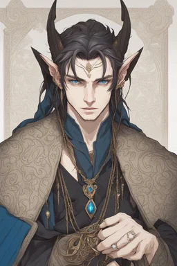 a wealthy half-elf young man with pointy ears and blue eyes, wears lots of jewelry, pale skin, soft face, dark clothing