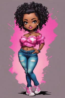 create a colorful abstract comic book art image 8k of a chibi curvy black female wearing torn jeans pants with fringe on the side and a pink-tie dye off the shoulder blouse. Prominent make up with hazel eyes. Highly detailed lonG CURLY PONYTAIL