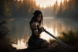 Warrior girl with black tears running down her cheeks, crouching down low at edge of thick forest looking at lake, at dawn, observing, determined, with short sword, photo real