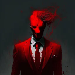 a sinister figure wearing a red suit with a red tie with no face and dirty hair