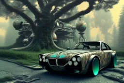 2000's gaspunk aesthetic vaporwave wood trees with garage and car clasic and balck car low intricate detail intricate detail gaspunk