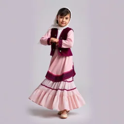 full body 7years old girl ,simple background, full body of very pretty little girl in azeri dance wearing A underdress or shirt, often made of silk,A fitted, often velvet or brocade, jacket worn over the shirt.Wide, bell-shaped skirts are worn, often long and layered to create beautiful movements while dancing, with a long lace scarf at back of her head ,with pretty shoes,in relax pose looking at camera.
